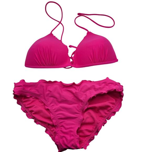 No Boundaries Womens Sz M/L Bikini Swimsuit Set Bright Pink Ruffled Bottom - Picture 1 of 6